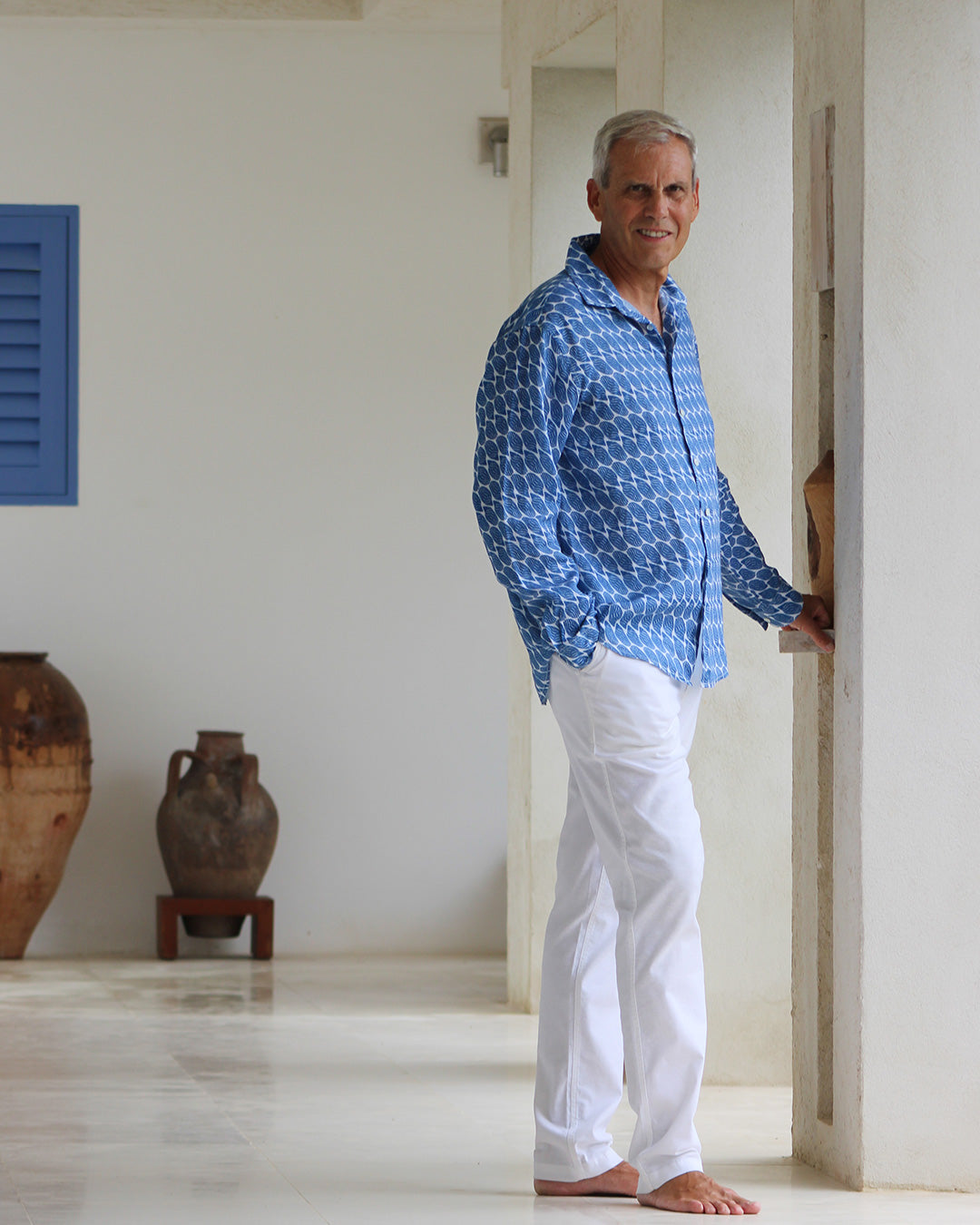 Men's pure linen holiday shirt in blue Striped Shell print designer Lotty B Mustique