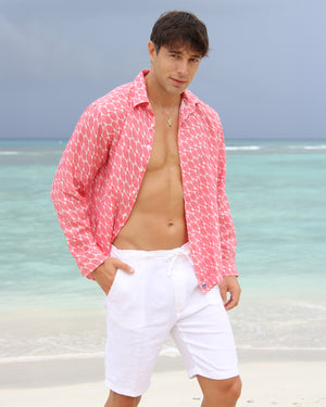 Beach style men's linen shirt in pink Striped Shell print by Lotty B Mustique