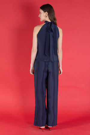 Evening wear Marina trousers in navy crepe de Chine worn with halterneck Olivia top from Pink House Atelier Collections - handmade made to order 