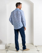 Stylish men’s Coral Stone Blue linen shirt and Eclipse navy trousers, Pink House Mustique collection.