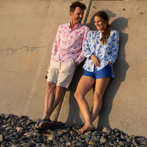 male and female in matching shirts