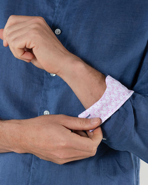 Mens linen shirt with contrast cuffs by Lotty B for Pink House Mustique in plain Ensign Blue