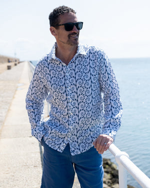 Mens linen holiday shirt in Fern Navy print by designer Lotty B