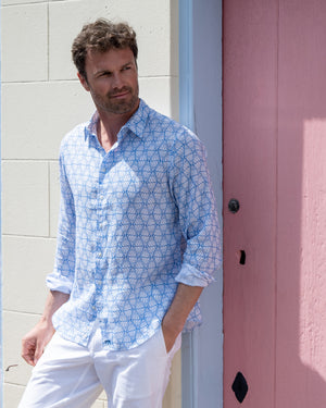 Vacation style mens linen shirt in Shelltop blue print by designer Lotty B