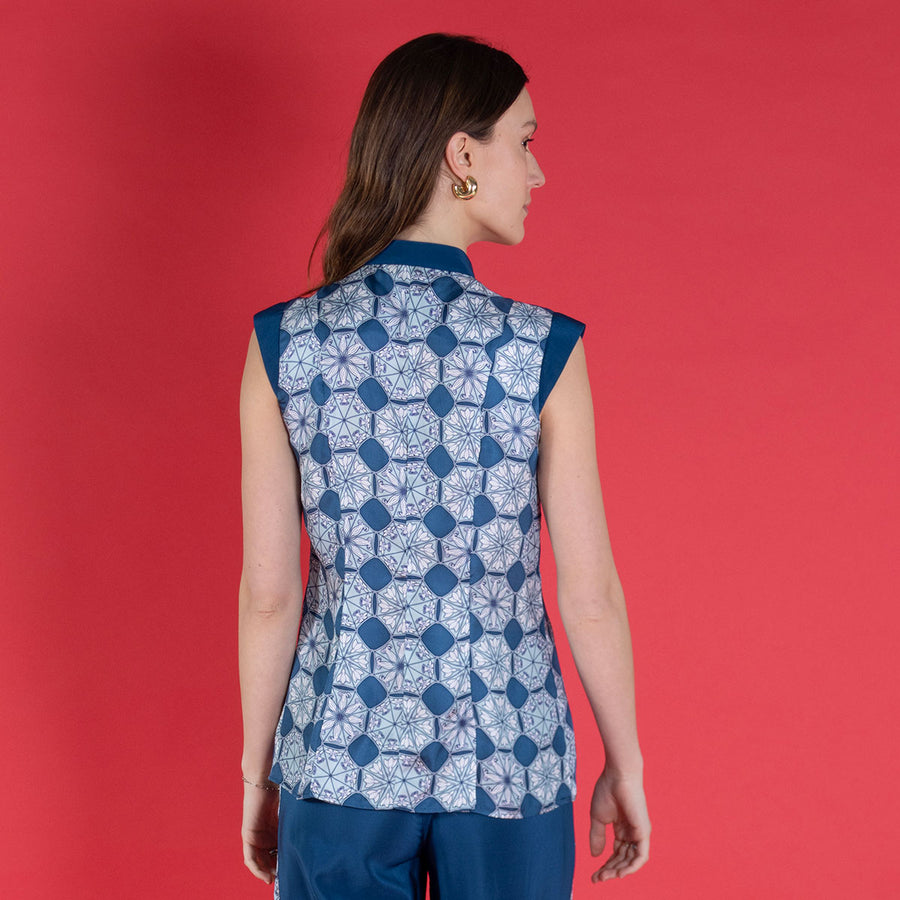 Handmade to order Marina waistcoat in pure silk crepe de Chine April Showers print worn together with matching teal silk trousers from Pink House Atelier Collections