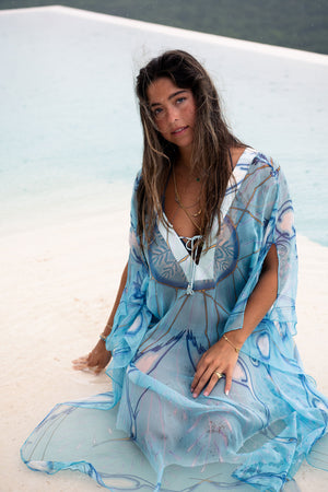 Luxury resort fashion, chiffon silk Cosima Kaftan in blue Egret design, Lotty B Mustique