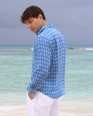 Men's linen holiday shirt in blue Striped Shell print designer Lotty B Mustique