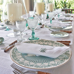 Elegant fine bone china tablescape in Mustique Island green design by Lotty B