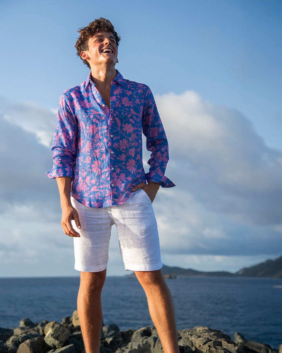 Men’s Iguana Blue & Pink linen shirt with white linen shorts — vibrant island resort style, lightweight and breathable fabric.