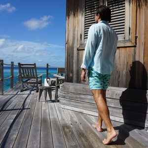 Mens beach holiday shorts by Lotty B, Blacksand Bay,Mustique