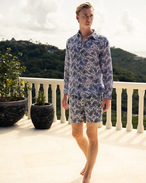 Mens holiday co-ords matching Protea print linen shirt & swim shorts by Lotty B Mustique