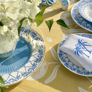 Spring tablescape with fine bone china decorative charger plate in Palms blue design by Lotty B