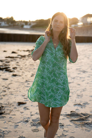 Womens vacation dress in blue green floral Protea print by Lotty B for Pink House Mustique