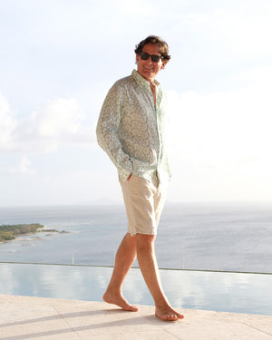 Caribbean island vacation Mens linen shirt in Fern green print by designer Lotty B