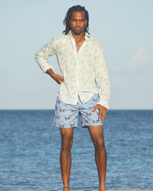 Caribbean style mens linen shirt in Monkey & Palm pale blue & green print by designer Lotty B