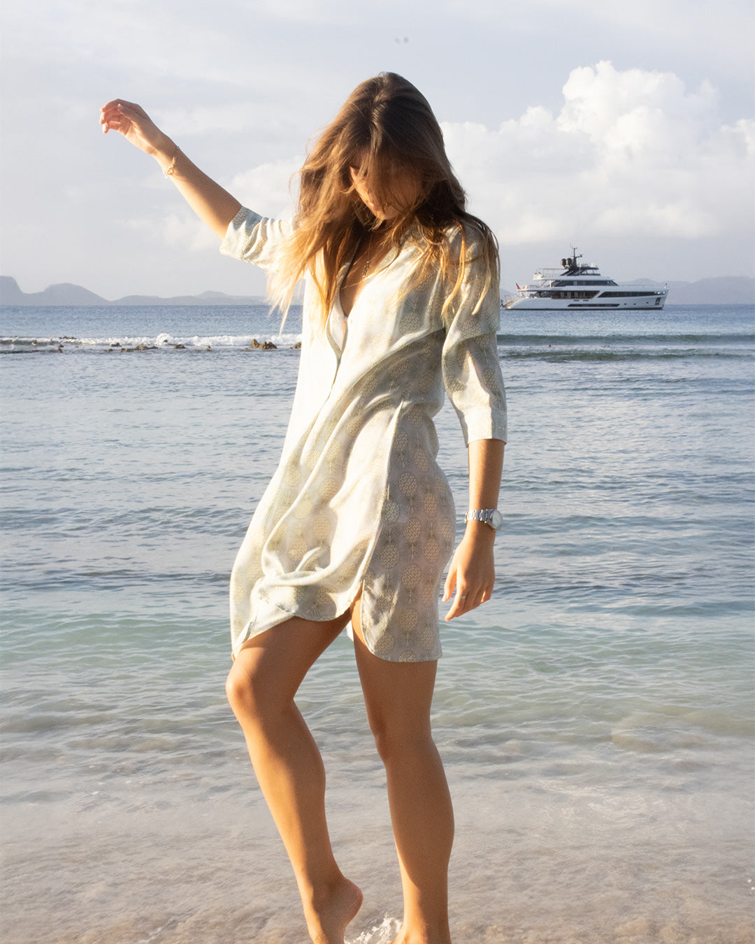 Flowy Pink House Decima Dress in Pineapple Olive crepe-de-Chine – feminine silk beach dress perfect for summer vacations, yachting, and tropical getaways.