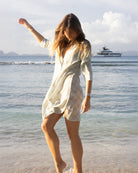 Flowy Pink House Decima Dress in Pineapple Olive crepe-de-Chine – feminine silk beach dress perfect for summer vacations, yachting, and tropical getaways.