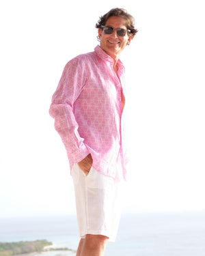 Caribbean vacation style men's linen shirt in pink Shelltop print