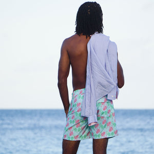 Mens swim shorts: MONKEY and PALMS - GREEN/PINK