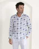Holiday chic pure linen shirt in green and navy blue Potted Palm print by designer Lotty B for Pink House