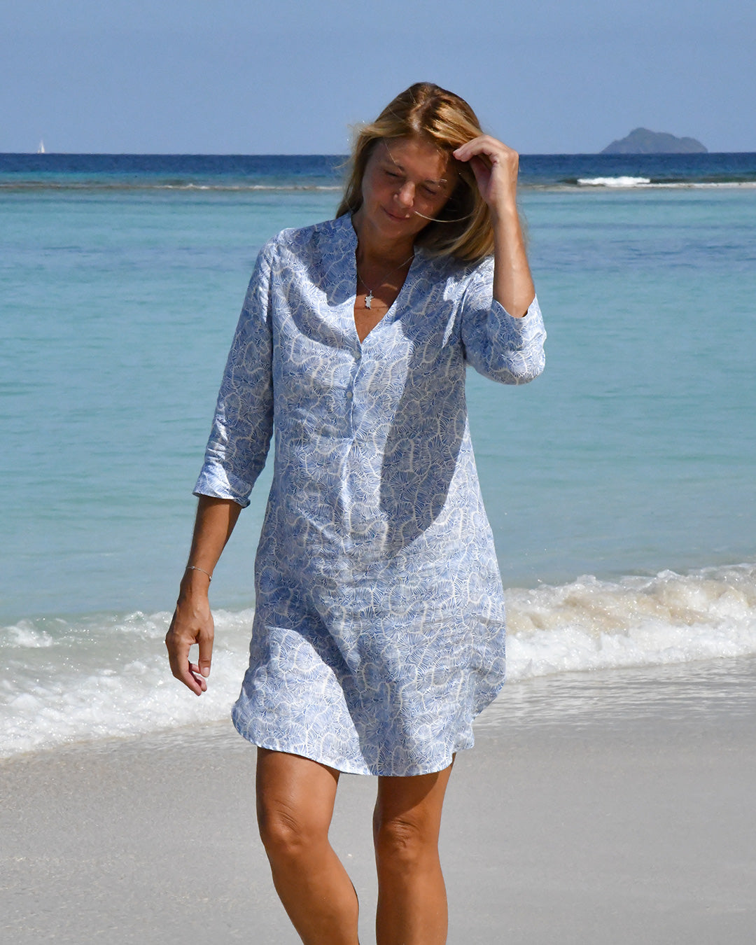 Pink House Mustique Coral Stone Blue Decima linen dress, women’s island resort style.