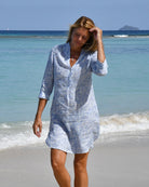 Pink House Mustique Coral Stone Blue Decima linen dress, women’s island resort style.