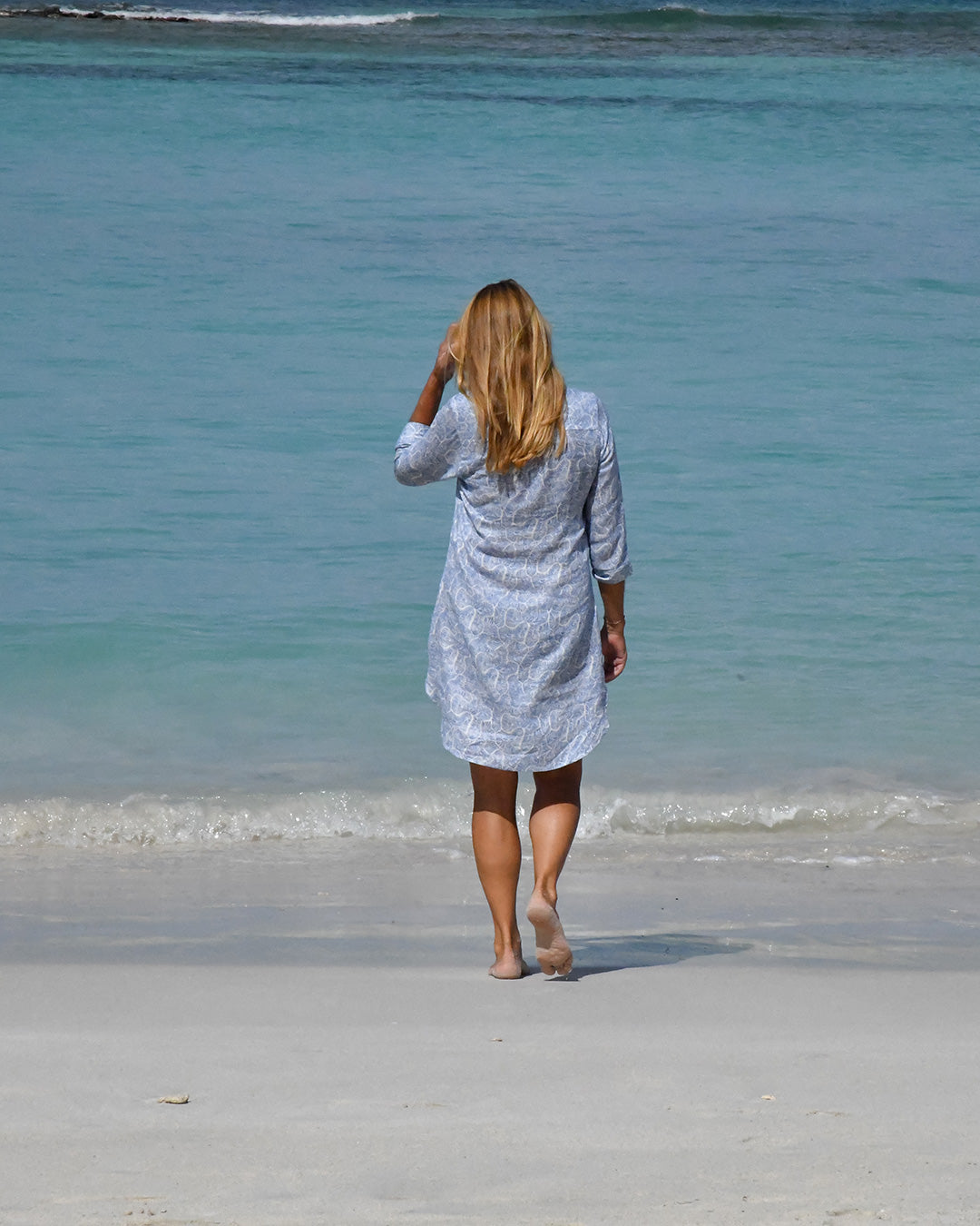 Women’s Coral Stone Blue linen Decima dress by Pink House Mustique, Katie at Lagoon Beach