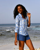 Women’s Iguana Blue linen Kim blouse by Pink House Mustique, lightweight resort wear for effortless island style.
