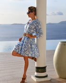 Women’s Iguana Blue linen Amy dress by Pink House Mustique, chic short tiered style perfect for resort evenings.
