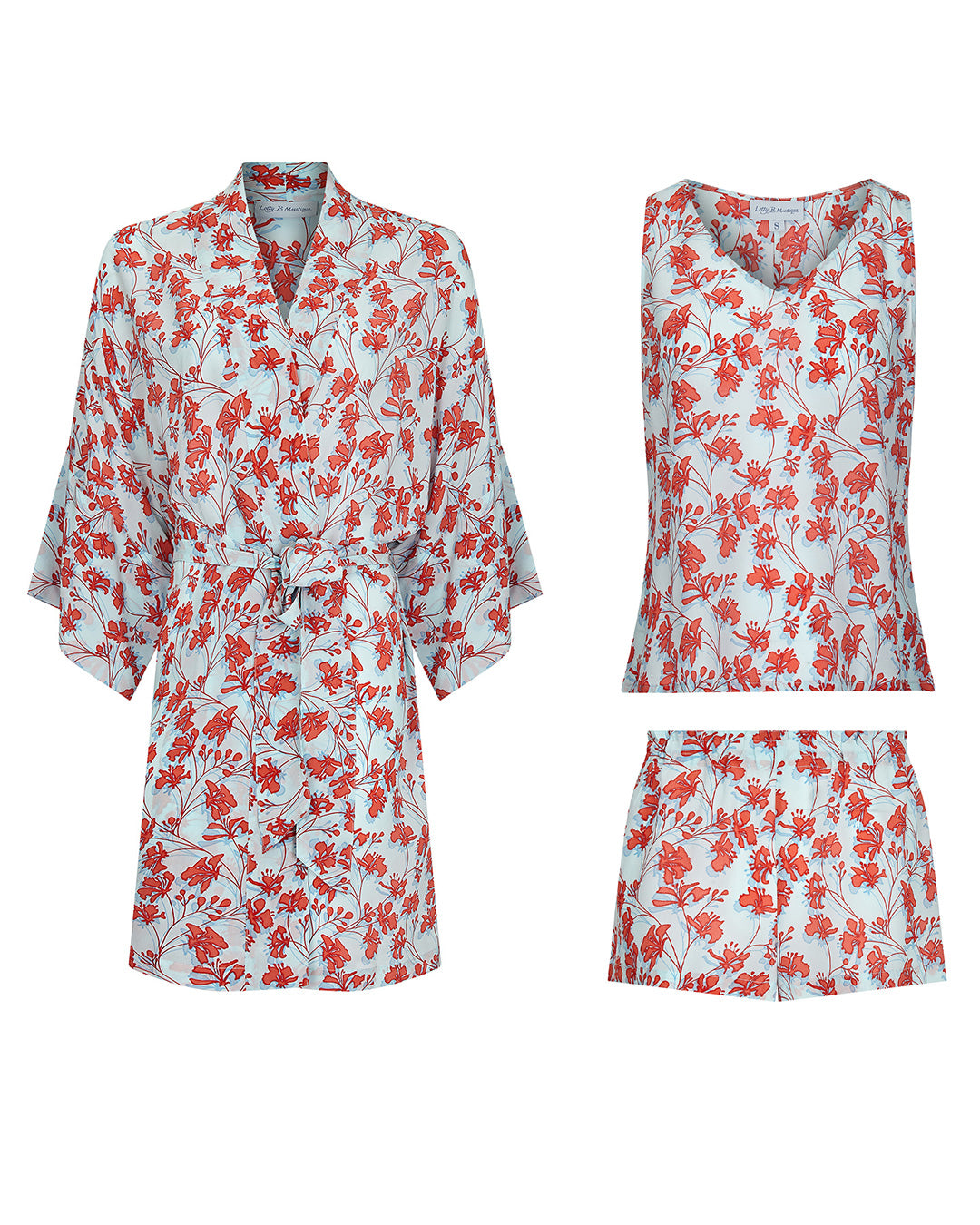 Womens silk bed to beach set floral blue red robe top shorts luxury resortwear pyjama set