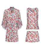 Womens silk bed to beach set floral blue red robe top shorts luxury resortwear pyjama set