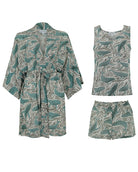 Womens silk bed to beach set whale print green robe top shorts luxury resortwear loungewear set