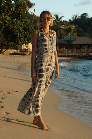 Silk Halter Neck Dress: FAN PALM REPEAT - BLACK / WHITE designer Lotty B Mustique, luxury Resortwear