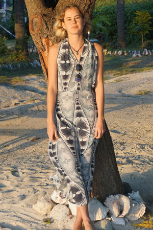 Silk Halter Neck Dress: FAN PALM REPEAT - BLACK / WHITE Exclusive Resortwear designed by Lotty B, Mustique