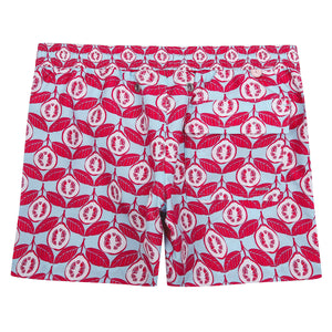 Boys swimming shorts in Guava red print by Lotty B Mustique back pocket detail