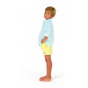 Boys swim trunks : YELLOW with marrakech blue linen shirt, side