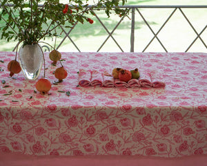 Linen dining table cloth in floral pomegranate pink print