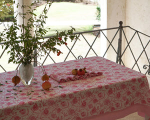 Tablecloth & Napkin set: POMEGRANATE PINK fabric print designed by British fashion & interiors designer Lotty B for Pink House Mustique