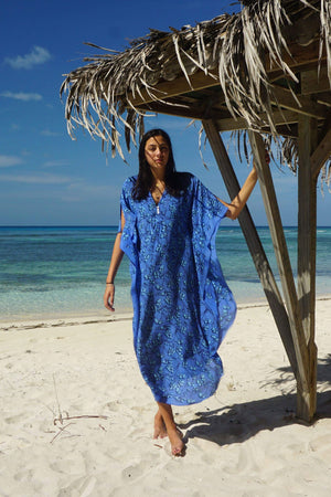 Silk Jenlee Kaftan: FLAMBOYANT FLOWER - BLUE designer Lotty B Mustique exclusive resort wear