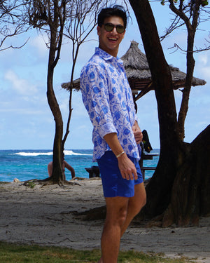 Caribbean island style mens linen shirt in Pomegranate blue print by designer Lotty B