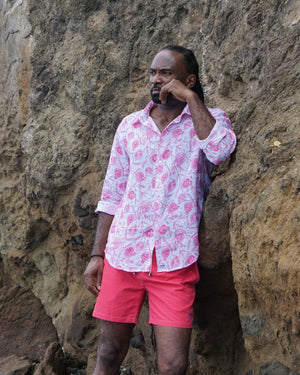 Vacation style mens linen shirt in Pomegranate pink print by designer Lotty B