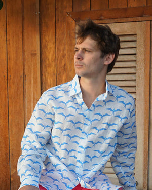 Beach bar essentials fun printed linen shirt in Frigate Bird blue