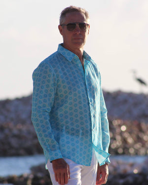 Men's holiday linen shirt turquoise blue lime slice print by Lotty B Mustique