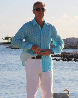 Men's vacation linen shirt turquoise blue lime slice print by Lotty B Mustique