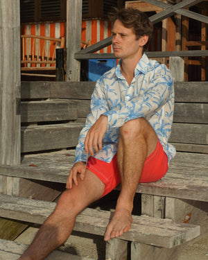 Mens festival shirt tropical palm print in white and blue by Lotty B Mustique
