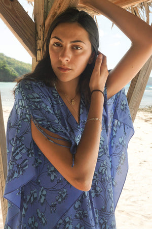 Silk Jenlee Kaftan: FLAMBOYANT FLOWER - BLUE by Lotty B Mustique, tropical beach life