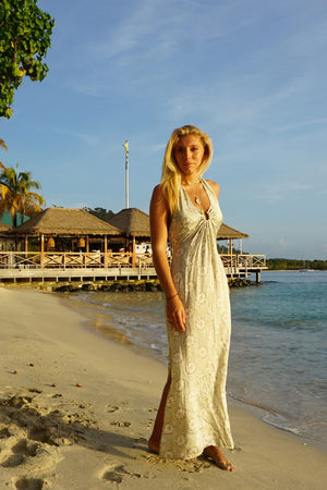 Lotty B Halter-Neck Dress (Sand Dollar Repeat Taupe) Mustique beachstyle Basils Bar