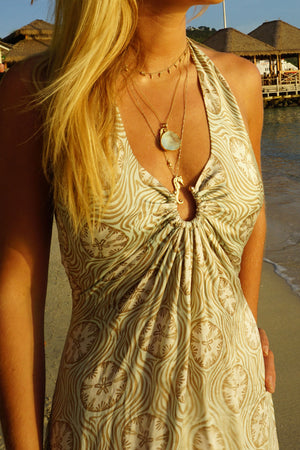 Lotty B Halter-Neck Dress (Sand Dollar Repeat Taupe) Neckline detail Mustique beachstyle
