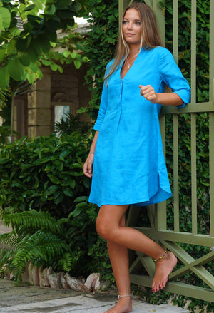 Linen day dress perfect for holidays and hot weather in vibrant turquoise blue