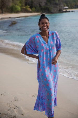 Resort wear silk kaftan in Lime Slice blue & pink print by Lotty B Mustique